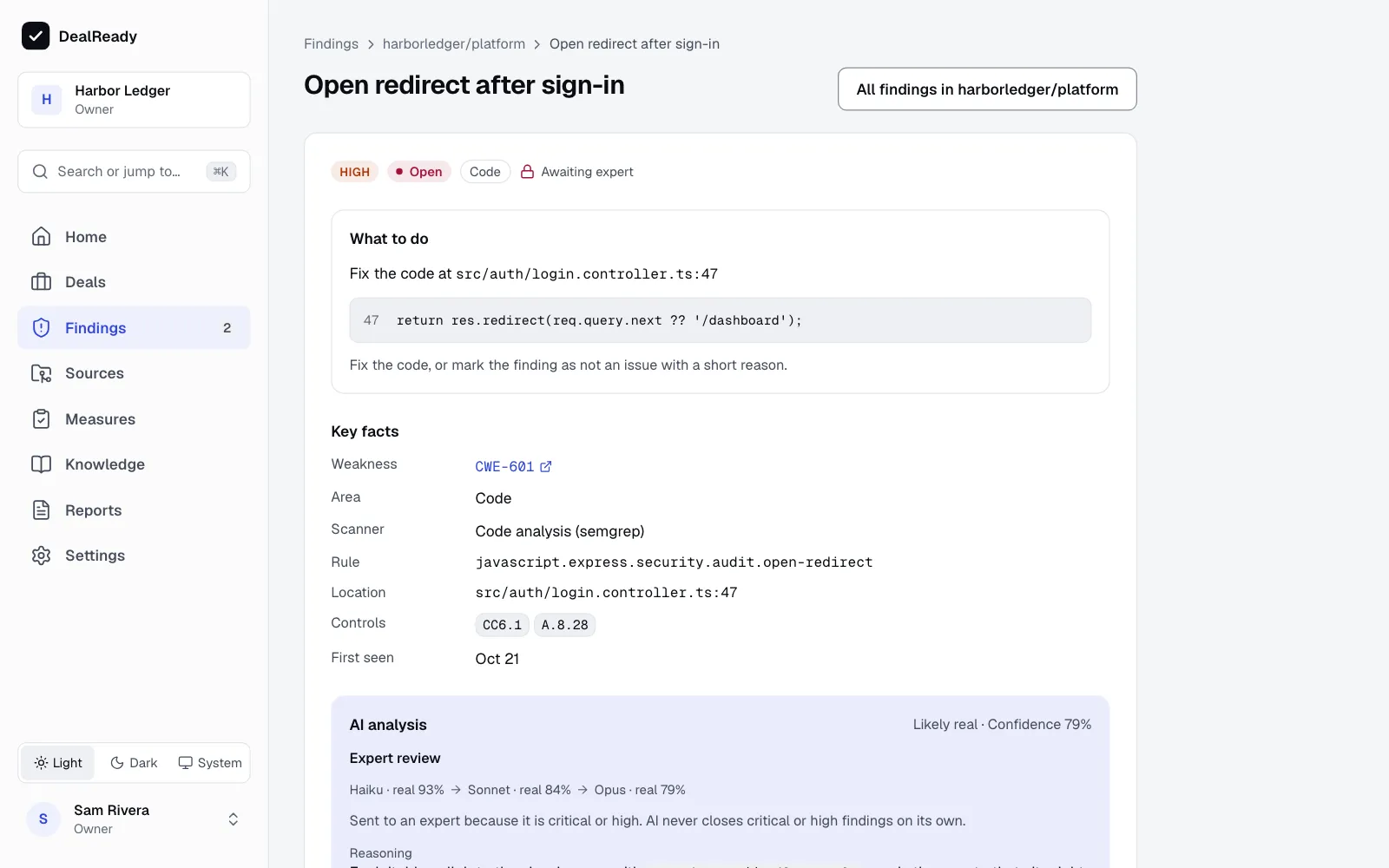 A finding with what to do, key facts and the AI analysis that sent it to an expert